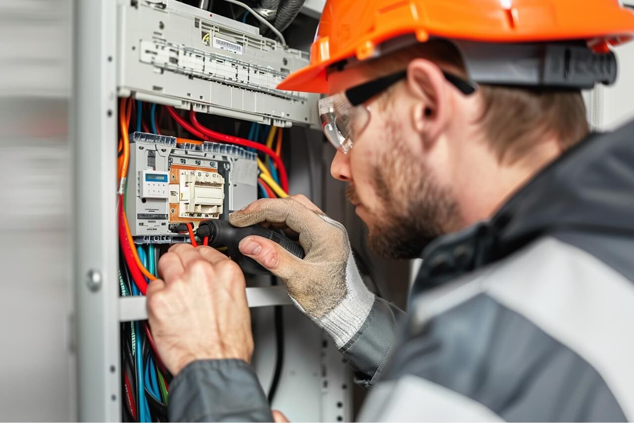 Electric Engineer Technician Works Power Lines