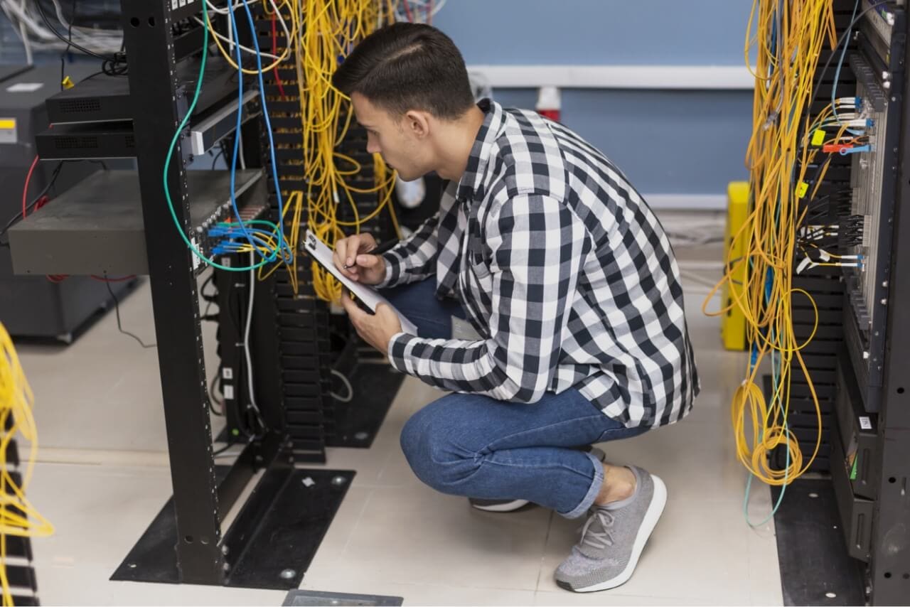 Young Engineer Working Server Room High Angle View